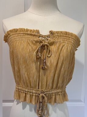 We The Free Mustard Yellow Smocked Lace-Up Crop Top